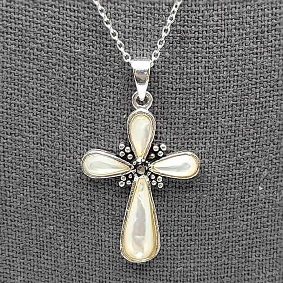 Mother of Pearl Cross Necklace, 925 Sterling Silver, Marcasite Center, 18", Thai - Picture 6 of 9